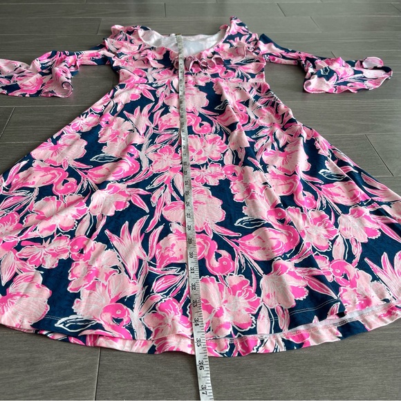 LILLY PULITZER STIRLING DRESS STYLE 001144 INKY NAVY FLAMINGLE XS RUFFLE A-LINE - Picture 14 of 14
